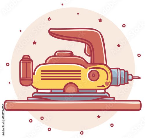 Bright yellow and red electric handheld sander with a precision tip illustration for woodworking projects