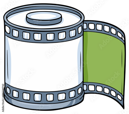 Cartoon film reel with a green blank section and perforated edges
