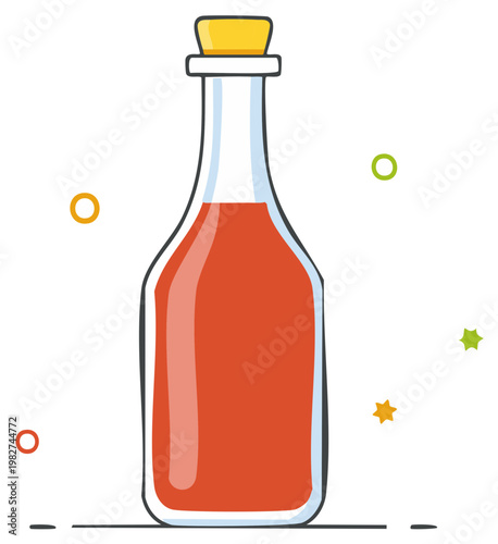 Cartoon illustration of a glass bottle filled with red liquid and a cork stopper surrounded by colorful shapes