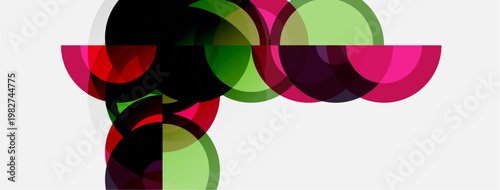 Abstract composition featuring overlapping circles, vibrant colors. Pink, green, black hues create dynamic visual effect. Modern design.