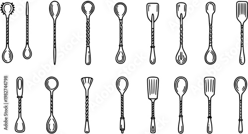 Bartending Cocktail Bar Tools Line Art Icons Set. Black and White Outline Collection of Spoons, Stirrers, Muddlers, and Utensils for Drink Mixology.