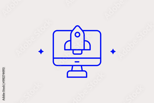 Monitor with a rocket ship icon symbolizes high-speed performance or a project launch. Dynamic Vector Illustration is ideal for tech startups and software performance boosting.