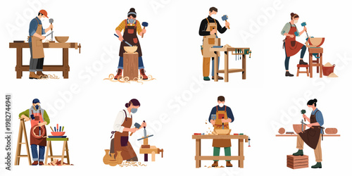 Flat vector illustration set of diverse male and female woodworkers, carpenters and artisans carving wooden bowls and objects in their workshop.