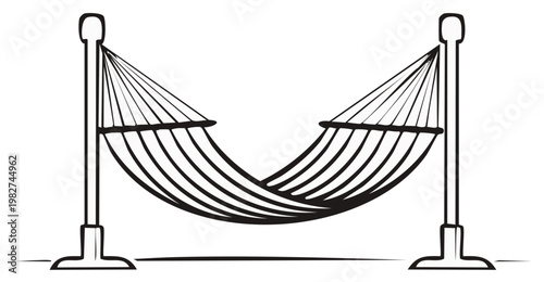 Simple line art illustration of a fabric hammock suspended between two poles