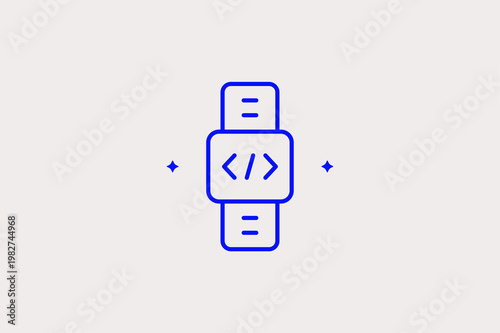  Smartwatch displaying programming brackets shows wearable technology development. Stylish Vector Illustration is perfect for mobile apps and modern gadget interfaces.