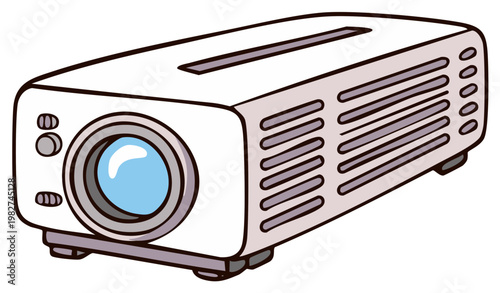 Projector with lens and ventilation grills shown in a cartoon illustration style home cinema media entertainment technology