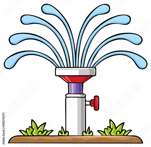 A cartoon lawn sprinkler spraying water in an arc over green grass for garden irrigation