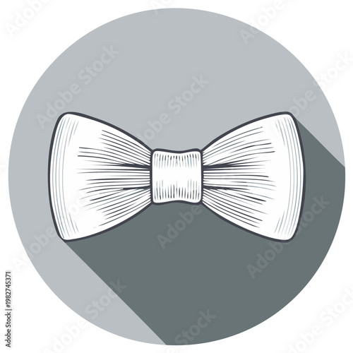 Retro bow tie graphic illustration in gray circle with long shadow