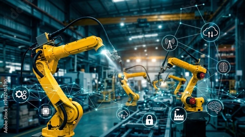 Industrial robots working in a factory with advanced technology and automation systems integrated