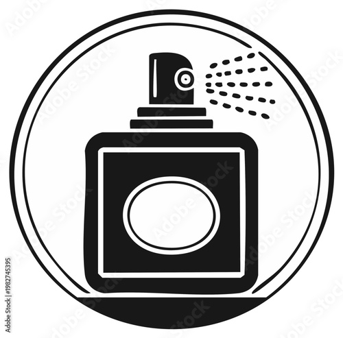 Perfume Bottle with Spray Mist in Round Frame Black Silhouette Artistic Design Concept Vector Illustration Icon