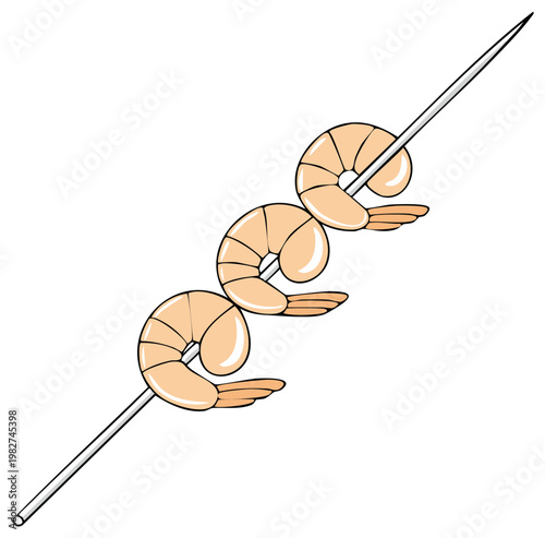 Cartoon illustration of three grilled shrimps on a skewer ready to be eaten.