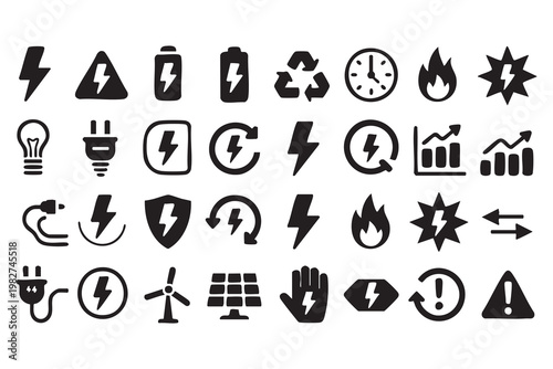 Energy and Electricity Icons Featuring Solar Wind and Battery