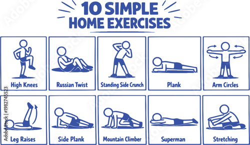 10 Simple Home Exercises - Full Body No Equipment Workout Illustration