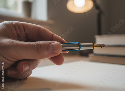Wallpaper Mural A hand holding a blue and gold pen over a piece of paper Torontodigital.ca