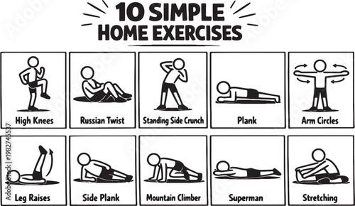10 Simple Home Exercises - Bodyweight Fitness Routine Vector