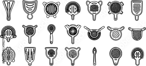 Black and White Line Art Icons of Cocktail Bar Strainers and Tools for Mixology