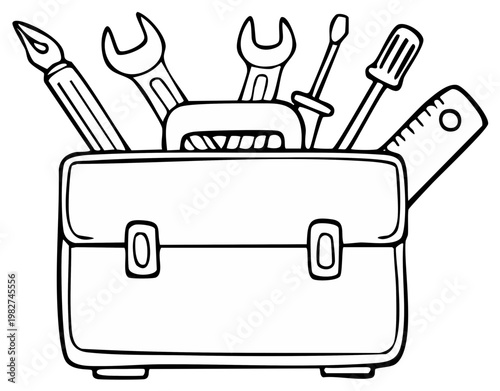 Toolbox illustration with open wrenches and screwdrivers, hand drawn vector graphic