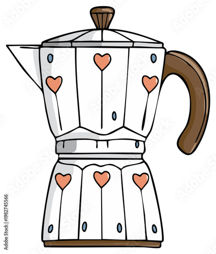 Hand Drawn Stovetop Coffee Maker with Decorative Hearts