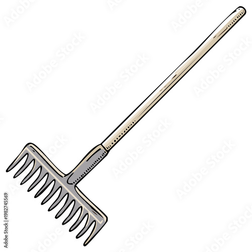 Illustration of a Garden Rake with Metal Tines and Wooden Handle for Yard Work