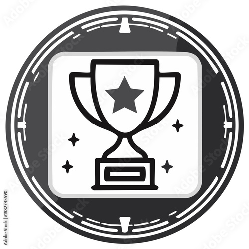 Vector trophy icon representing success, achievement and award in black and white circular frame design, simple graphic and cartoonish style