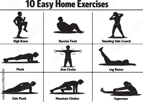 10 Easy Home Exercises Chart - No Equipment Bodyweight Fitness Routine