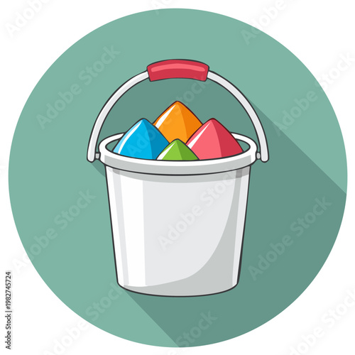 Bucket filled with colorful sand piles illustration with circle background sandcastles summer playtime
