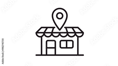 Black line vector icon illustration of a retail shop or storefront building with a location pin pointer on top, symbolizing a local business, store location, marketplace, or point of interest.