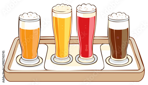 Illustration of a wooden tray with glasses of various beers representing a tasting sampler