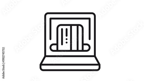 Online payment vector icon illustration featuring a laptop computer with a credit card being inserted into the screen, representing digital banking, e-commerce, and secure internet transactions.