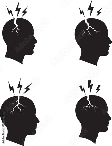 Set of human head silhouettes with lightning bolt headache icons