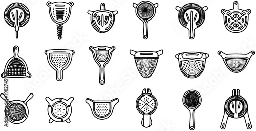 Bar Strainers and Sieves Collection - Black and White Line Art Vector Icons
