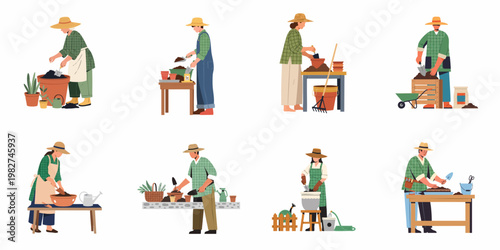 Collection of diverse people engaged in various gardening and potting activities, planting flowers, and working with soil in a flat illustration style.