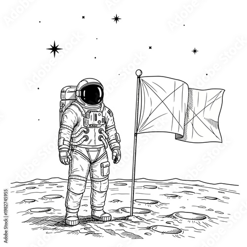 Astronaut Standing on Moon Surface Next to Flag, Space Exploration, Cosmic Landscape