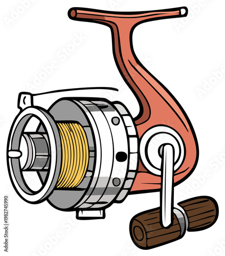 Spinning fishing reel with yellow line on the spool in a detailed cartoon vector style illustration