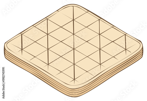Isometric illustration of a stack of quilted beige cushions with a stitched diamond pattern