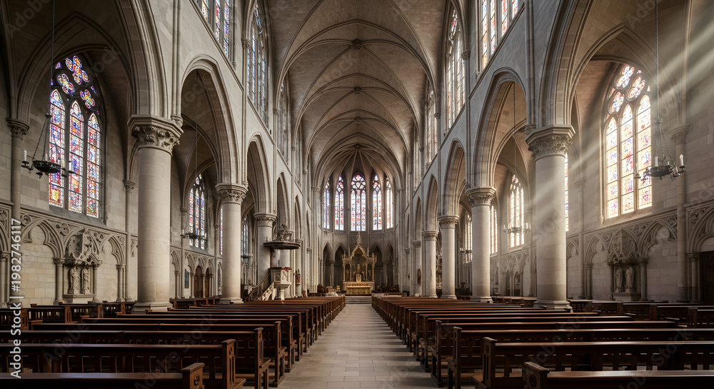 Obraz premium Interior view of a large empty cathedral with rows of pews and stained glass windows