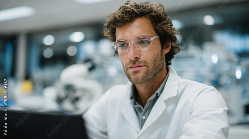 Fototapeta premium Engineer scientist using laboratory software to analyze research data, sterile lab filled with robotic arms, microscopes, and pharmaceutical equipment emphasizing innovation. cinematic color
