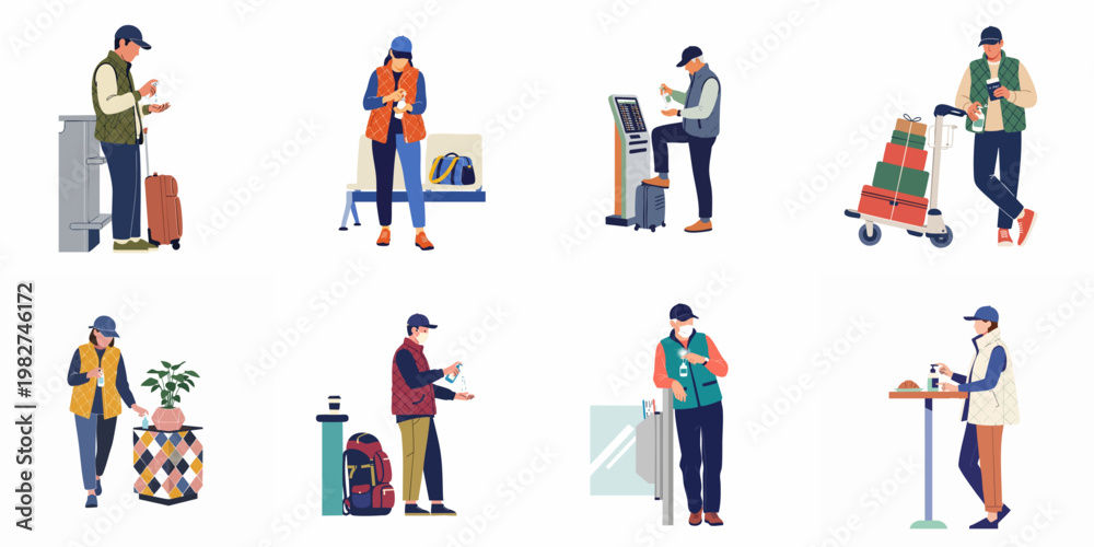 Fototapeta premium Illustration of travelers using hand sanitizer in various airport and travel settings to maintain hygiene and prevent germs during their journey.