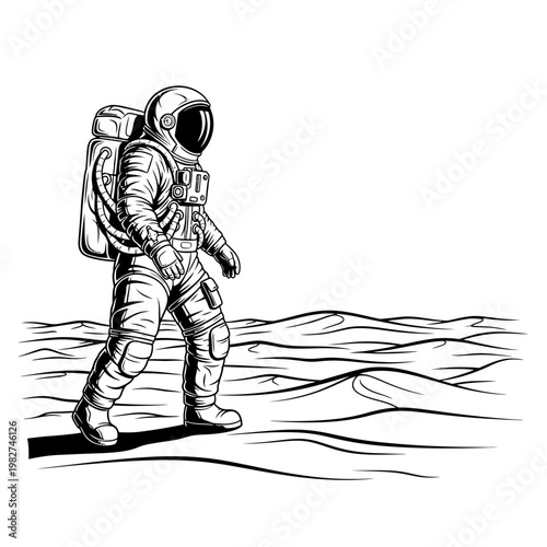 Astronaut walking on a desolate alien planet surface, space exploration, science fiction