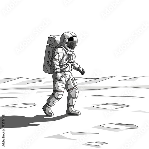 Astronaut Walking on Lunar Surface, Low Poly Style, Space Exploration