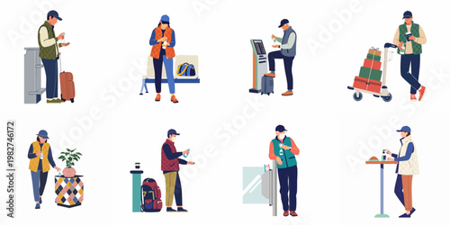 Illustration of travelers using hand sanitizer in various airport and travel settings to maintain hygiene and prevent germs during their journey.
