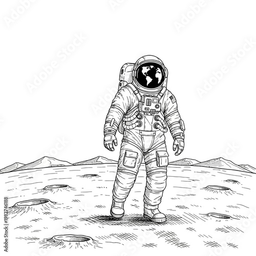 Astronaut walking on moon surface with earth reflection in helmet, space exploration