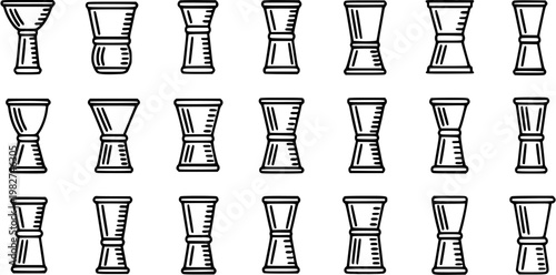 Black and White Line Art of Various Bartending Jiggers and Measuring Cups