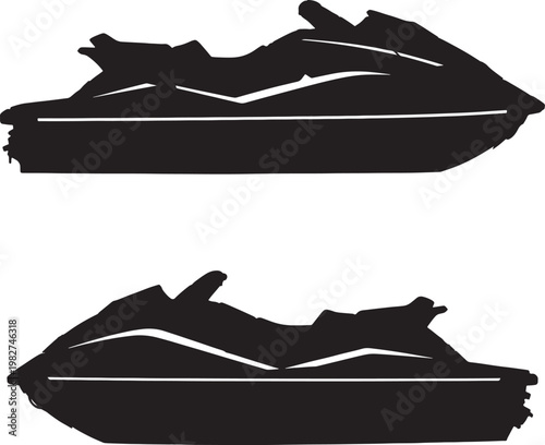 Black silhouettes of jet skis isolated on white background