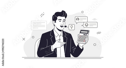 Man with Calculator and Headset, Customer Support, Online Communication, Business Meeting