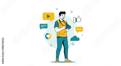 Man with camera surrounded by social media icons, likes, and messages