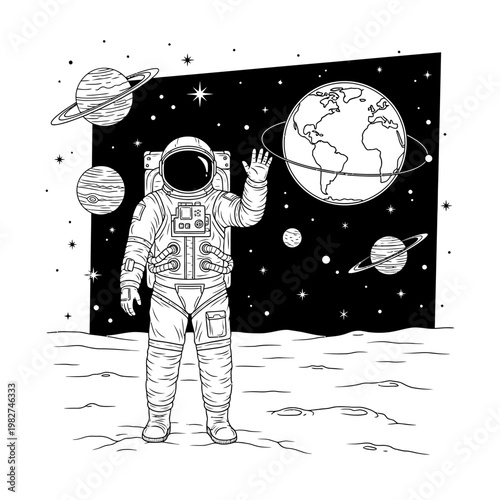 Astronaut waving on moon surface with earth and planets in starry space background