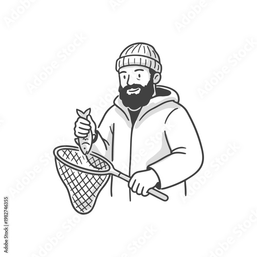 Black and white line art illustration of a bearded fisherman holding a fresh fish and a landing net. Ideal for outdoor hobby, angling, seafood, and nautical designs.