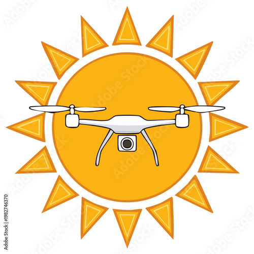 White drone with camera flying in front of a stylized yellow sun illustration