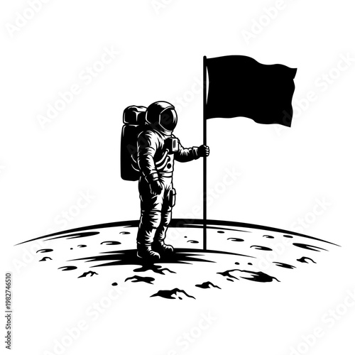 Astronaut planting black flag on moon surface, space exploration, discovery, achievement